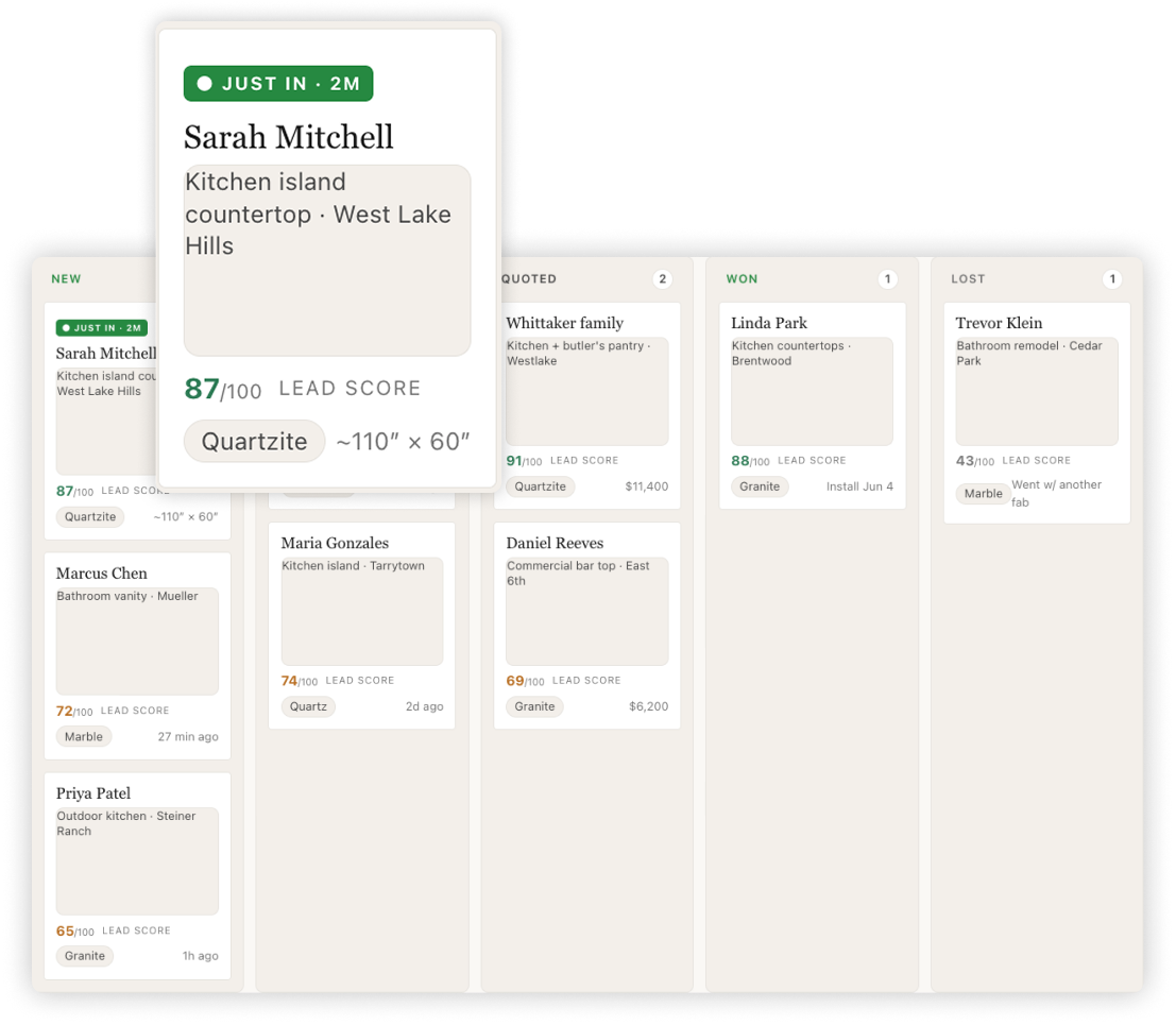 StoneConnect leads dashboard showing kanban with scored leads